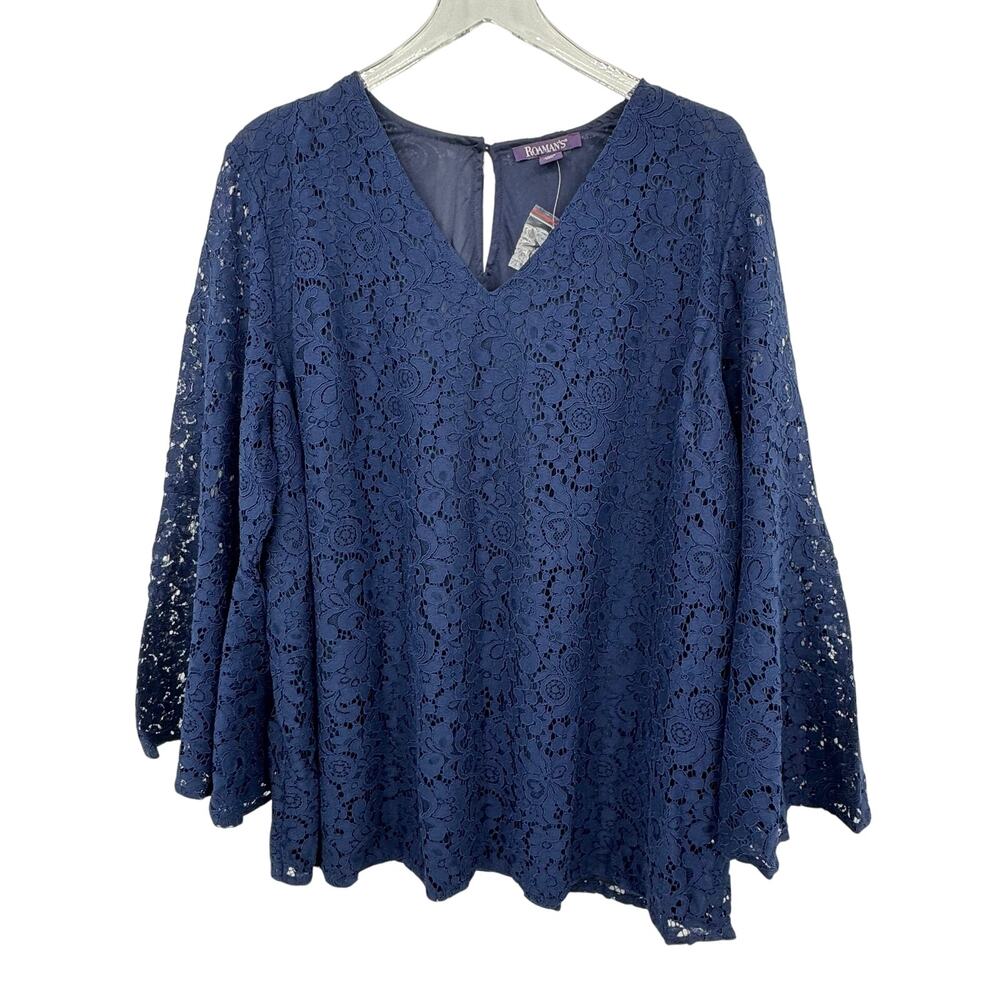 Roaman's blouse women's 24W lace bell 3/4 sleeve V neck navy blue lined